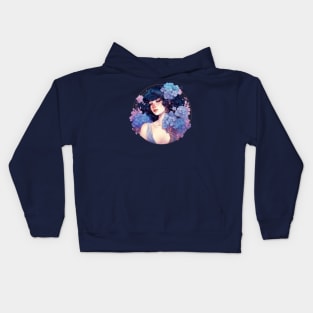 A Bouquet of Hydrangea- Beautiful Woman, Mucha, Art Nouveau Kids Hoodie